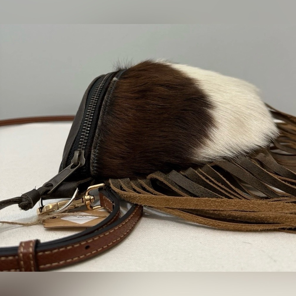 Hand Tooled Cowhide Leather Crossbody Bag Hair-On Brown White Fringe Western - Picture 6 of 12